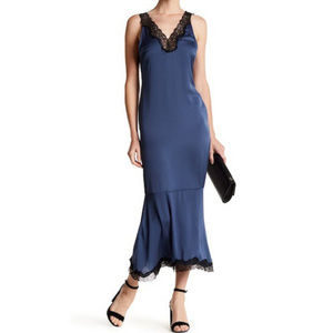 Dress Forum Lace Trimmed Satin Maxi in Navy SZ M